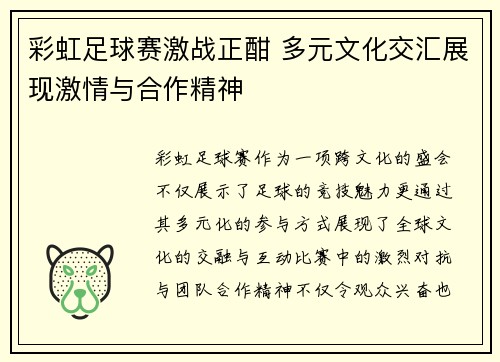 彩虹足球赛激战正酣 多元文化交汇展现激情与合作精神