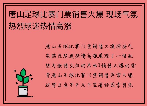 唐山足球比赛门票销售火爆 现场气氛热烈球迷热情高涨